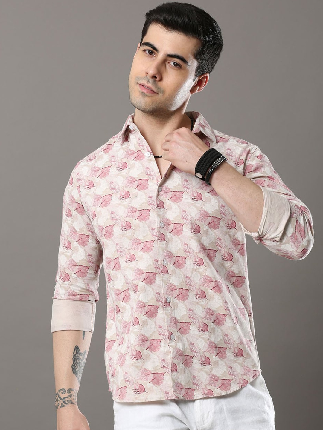

Bushirt Men Classic Floral Printed Pure Cotton Casual Shirt, Pink