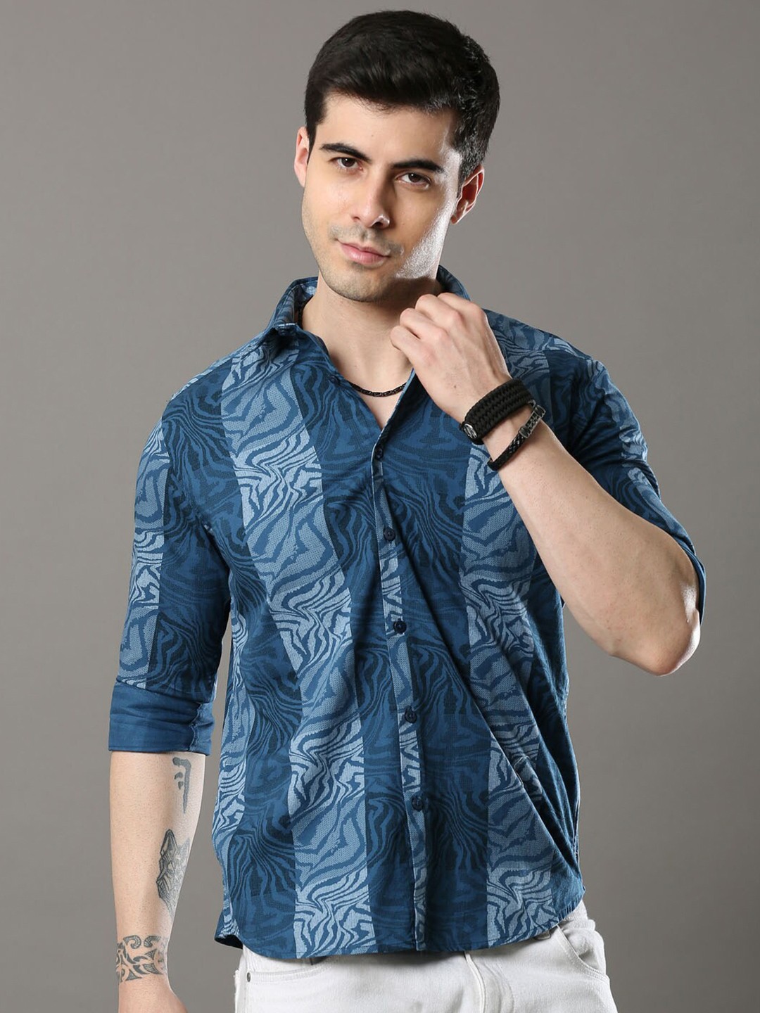 

Bushirt Men Classic Printed Pure Cotton Casual Shirt, Blue