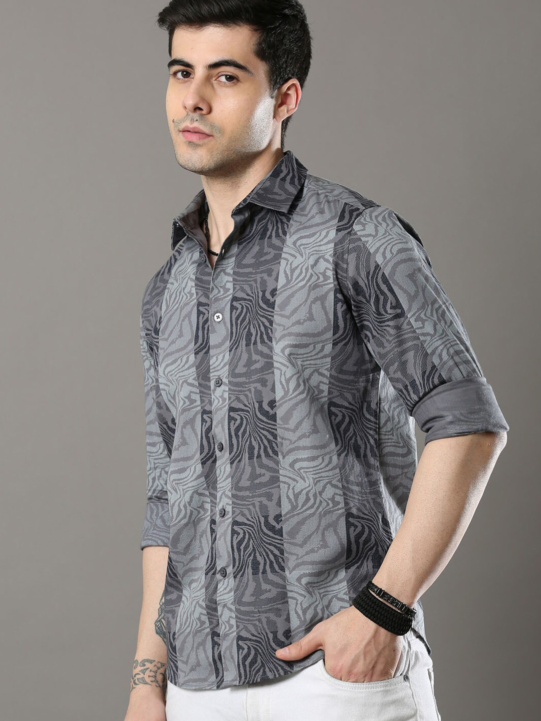 

Bushirt Men Classic Printed Cotton Casual Shirt, Grey