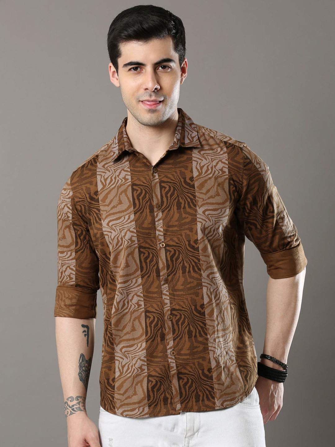 

Bushirt Men Classic Printed Pure Cotton Casual Shirt, Brown