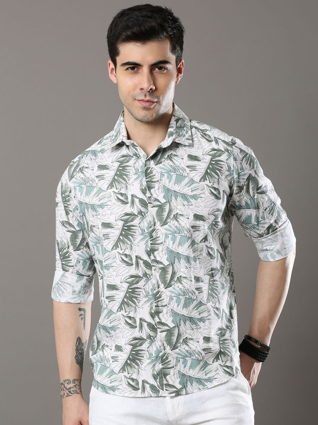 

Bushirt Men Printed Cotton Casual Shirt, Green