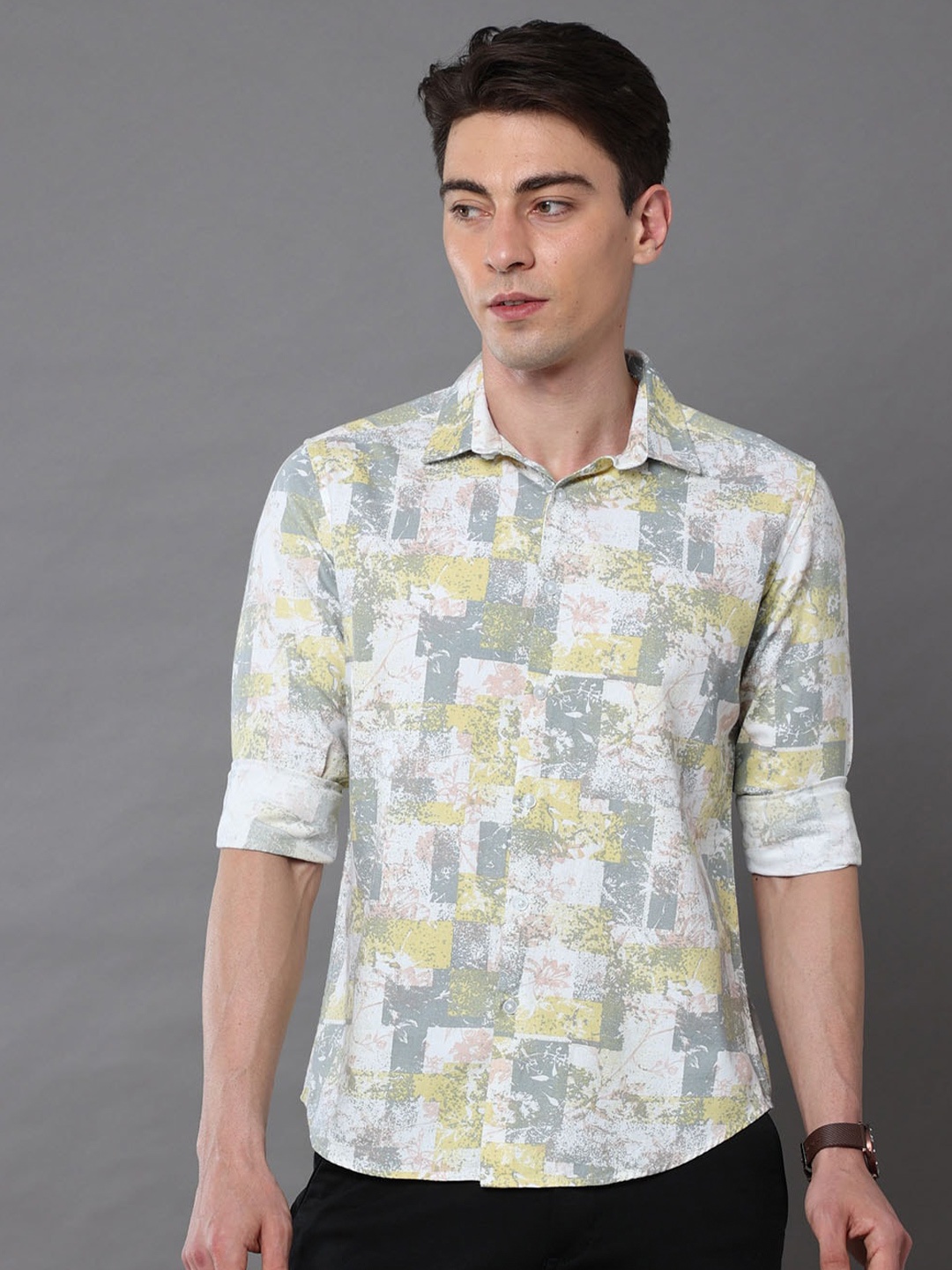 

Bushirt Men Printed Cotton Casual Shirt, Yellow