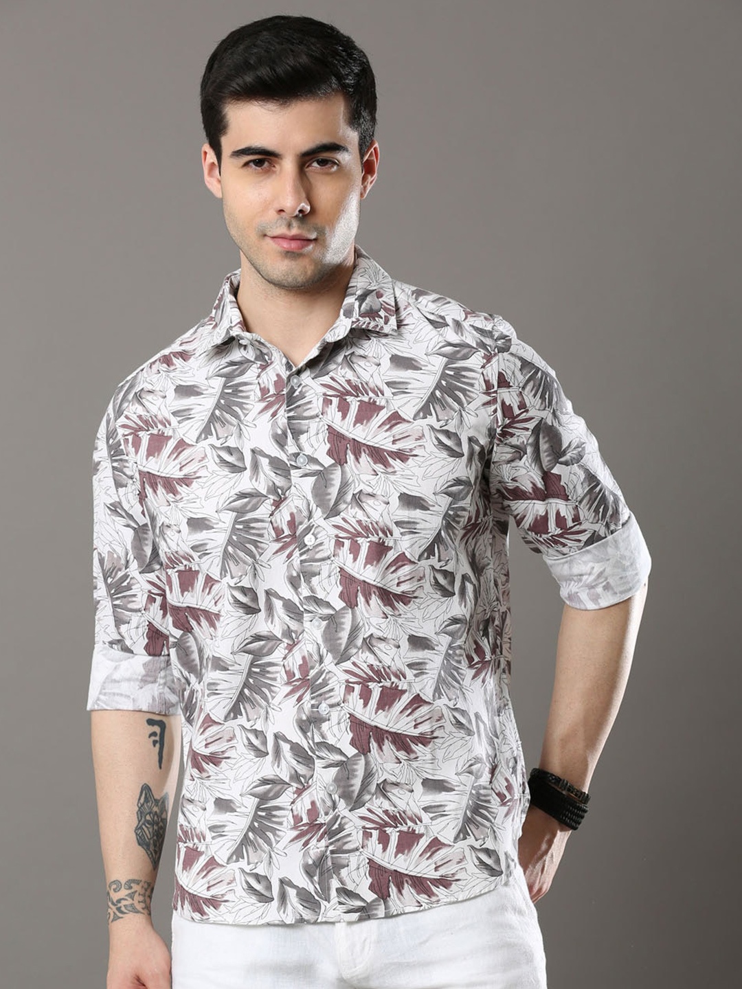 

Bushirt Men Floral Printed Casual Pure Cotton Shirt, White