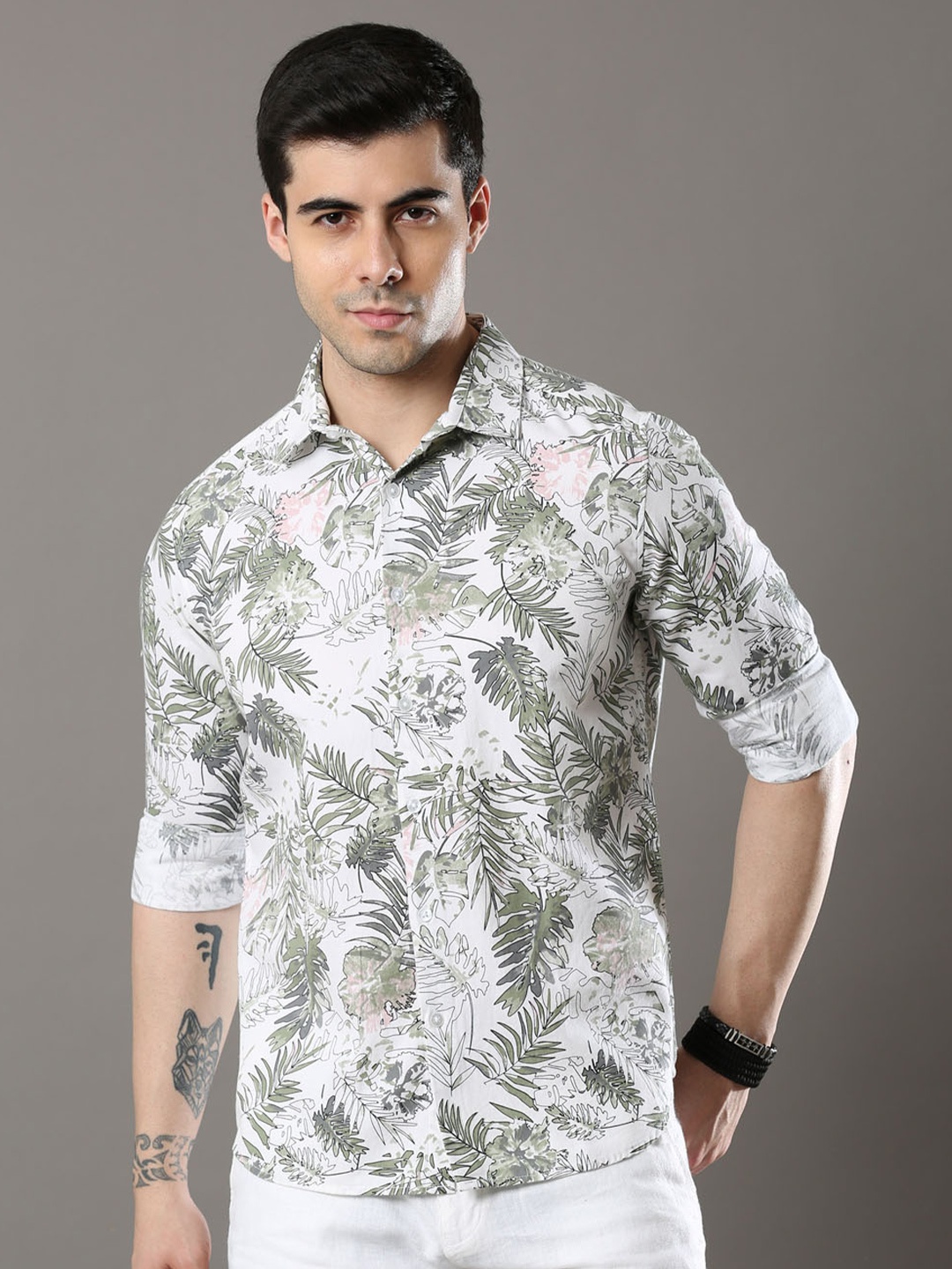 

Bushirt Men Floral Printed Casual Pure Cotton Shirt, White