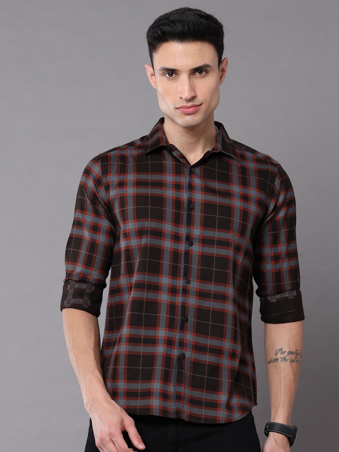 

Bushirt Men Tartan Checks Checked Casual Shirt, Maroon