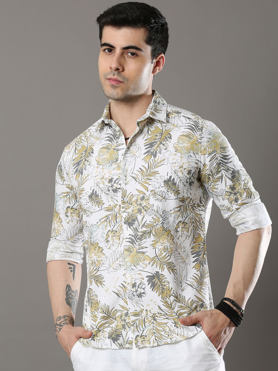 

Bushirt Men Floral Printed Casual Pure Cotton Shirt, White