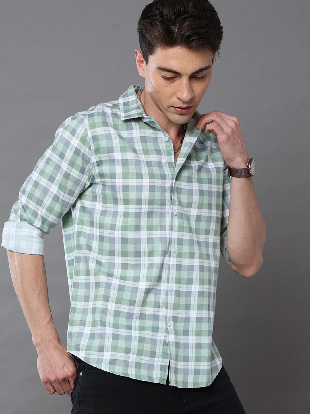 

Bushirt Men Classic Checked Casual Cotton Shirt, Green