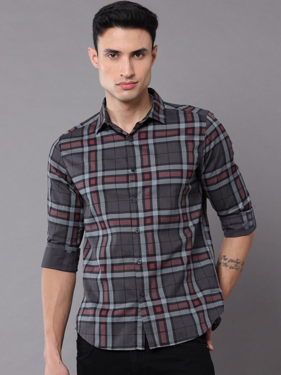 

Bushirt Men Classic Tartan Checks Pure Cotton Casual Shirt, Charcoal