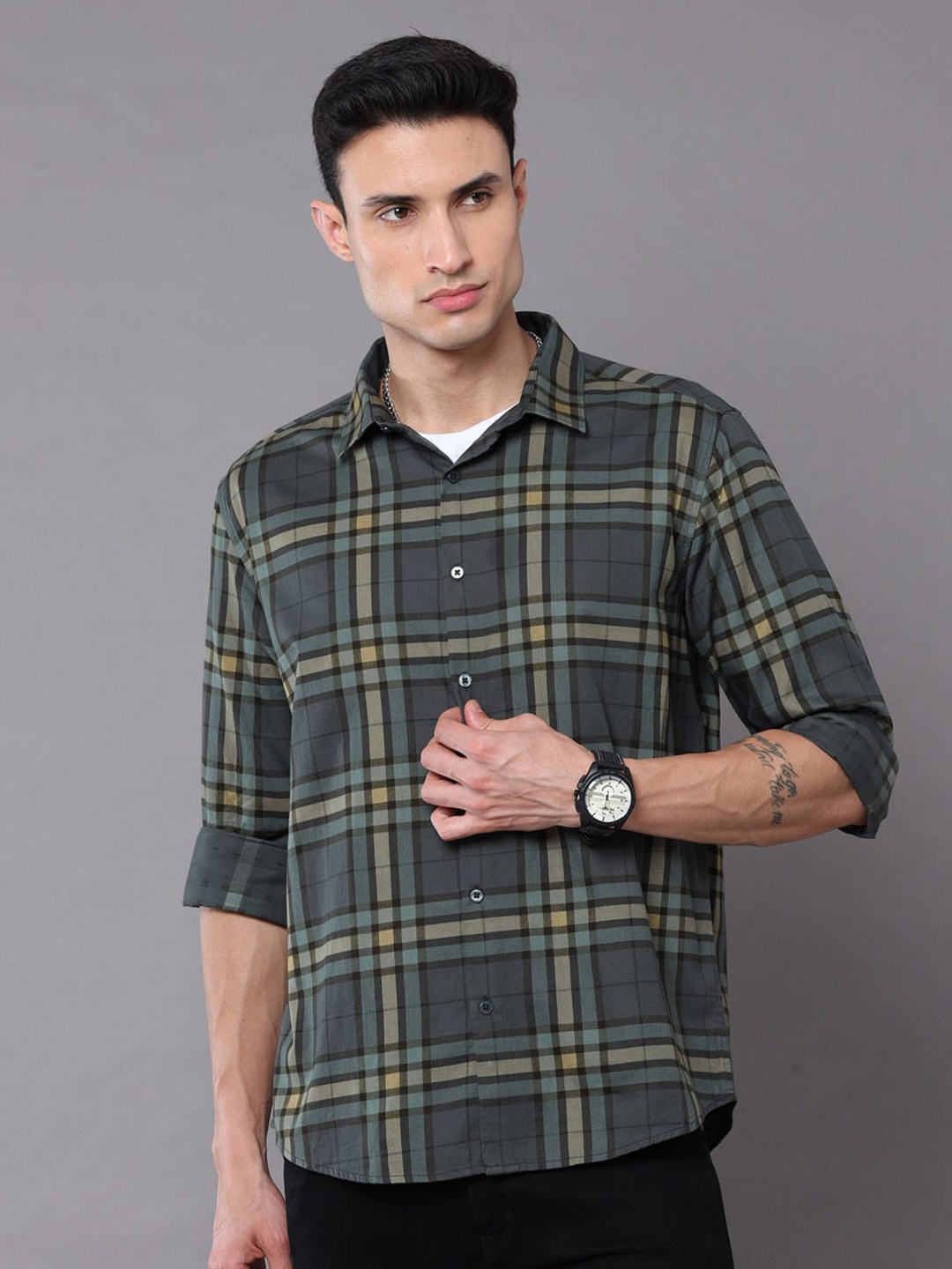 

Bushirt Men Classic Tartan Checks Pure Cotton Casual Shirt, Green