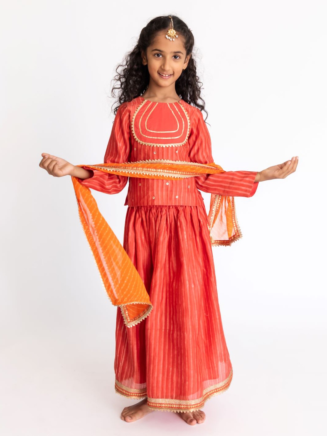 

A Little Fable Girls Embellished Ready to Wear Lehenga & Blouse With Dupatta, Orange