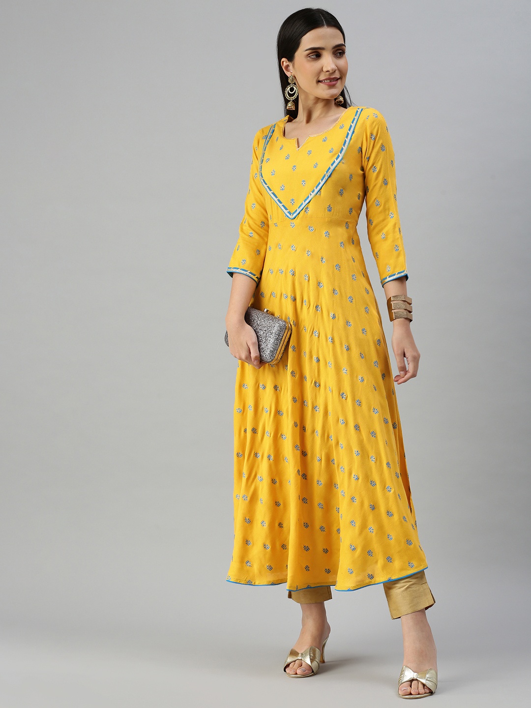 

KALINI Women Ethnic Motifs Printed Gotta Patti Anarkali Kurta, Yellow