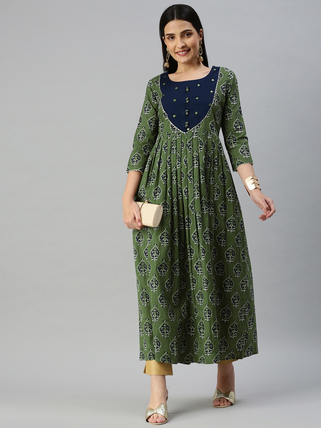 

KALINI Women Ethnic Motifs Printed Mirror Work Anarkali Kurta, Green