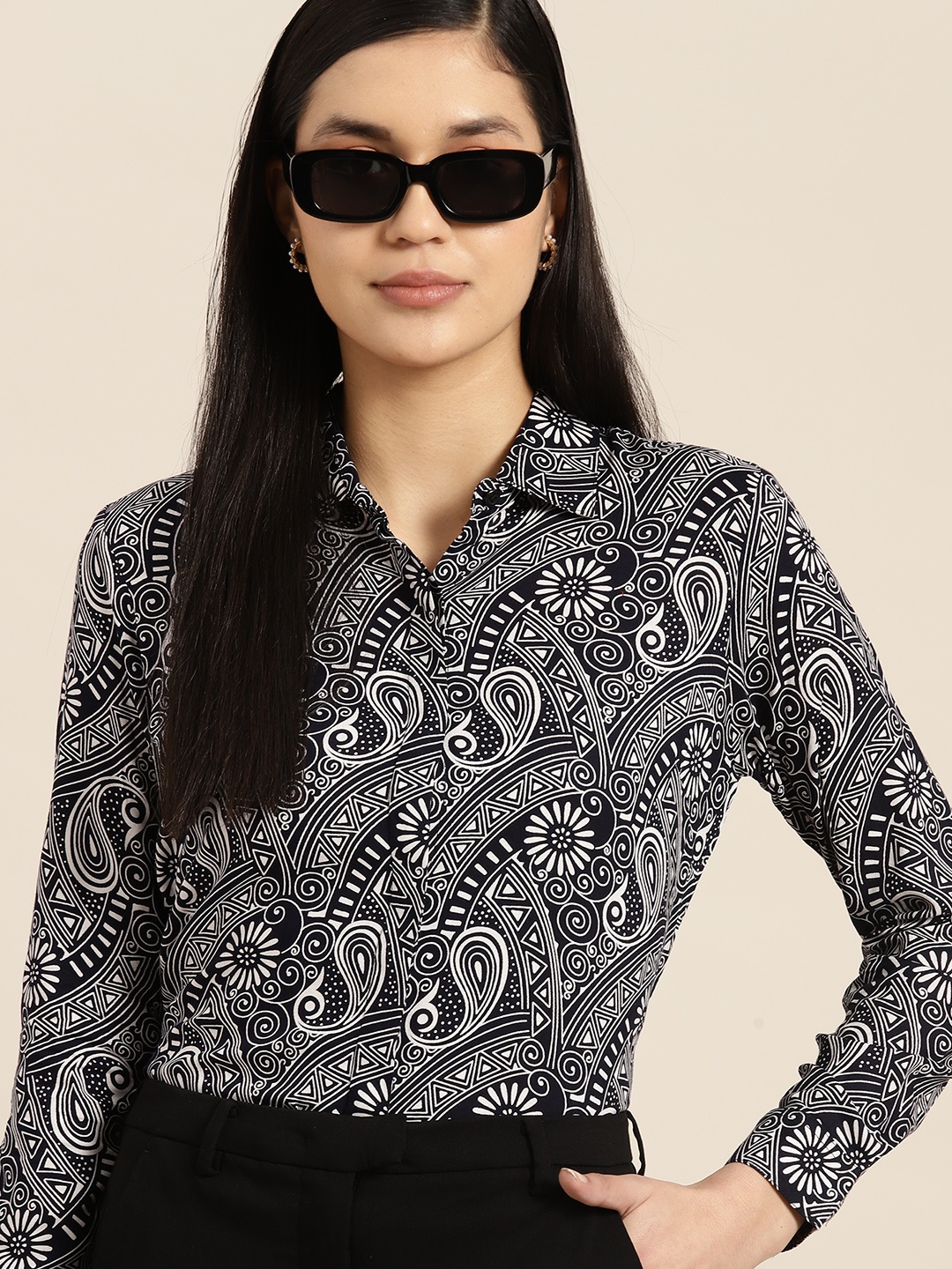 

Hancock Women Paisley Printed Relaxed Regular Fit Formal Shirt, Navy blue
