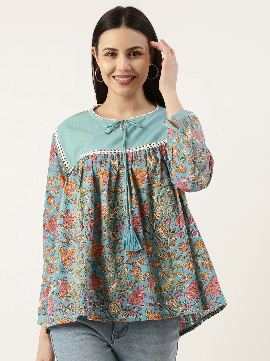 

AMUKTI Floral Printed Tie-Up Neck Tunic, Teal