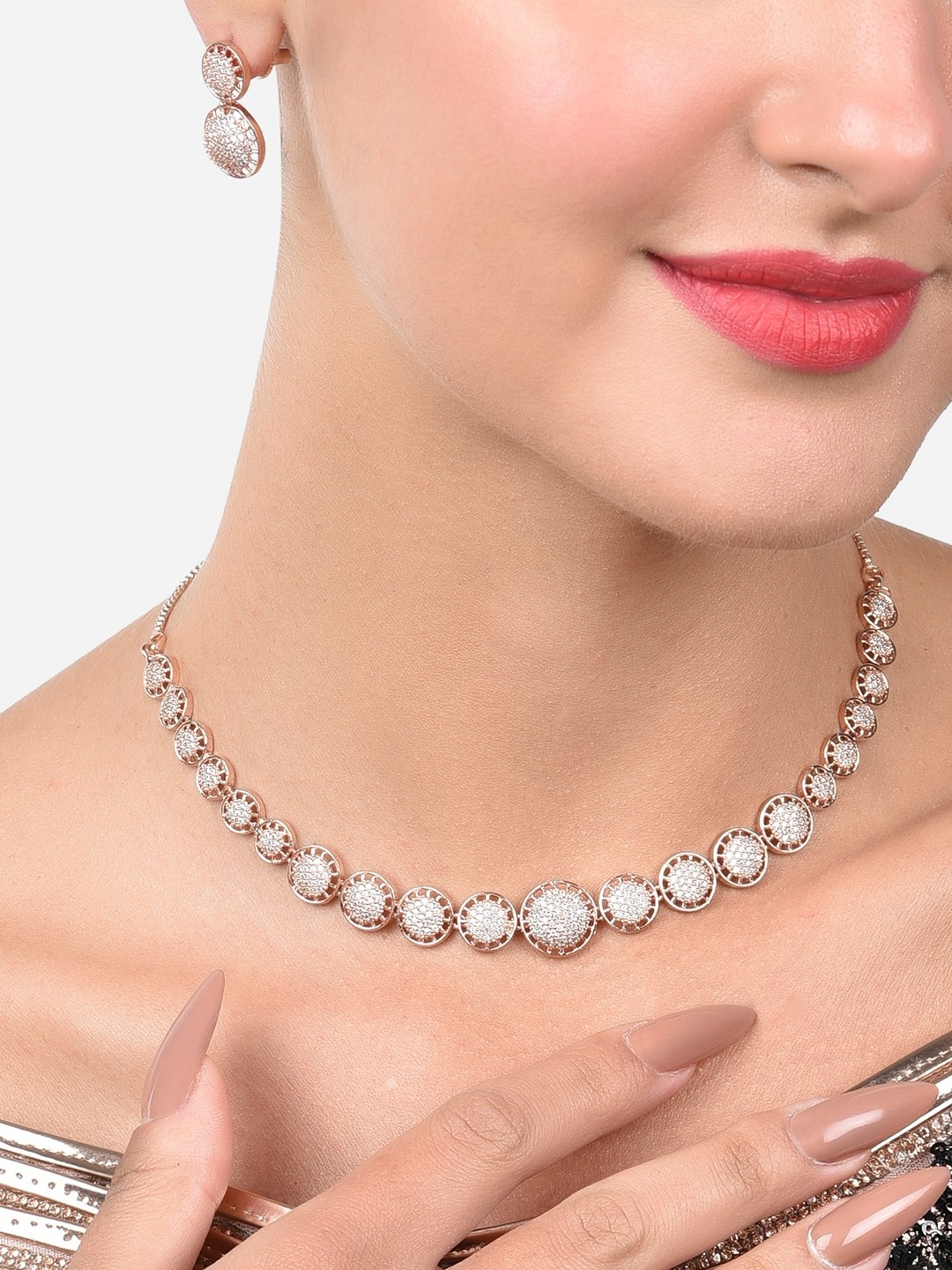 

AMI Rose Gold-Plated Cubic Zirconia Studded Brass Jewellery Set