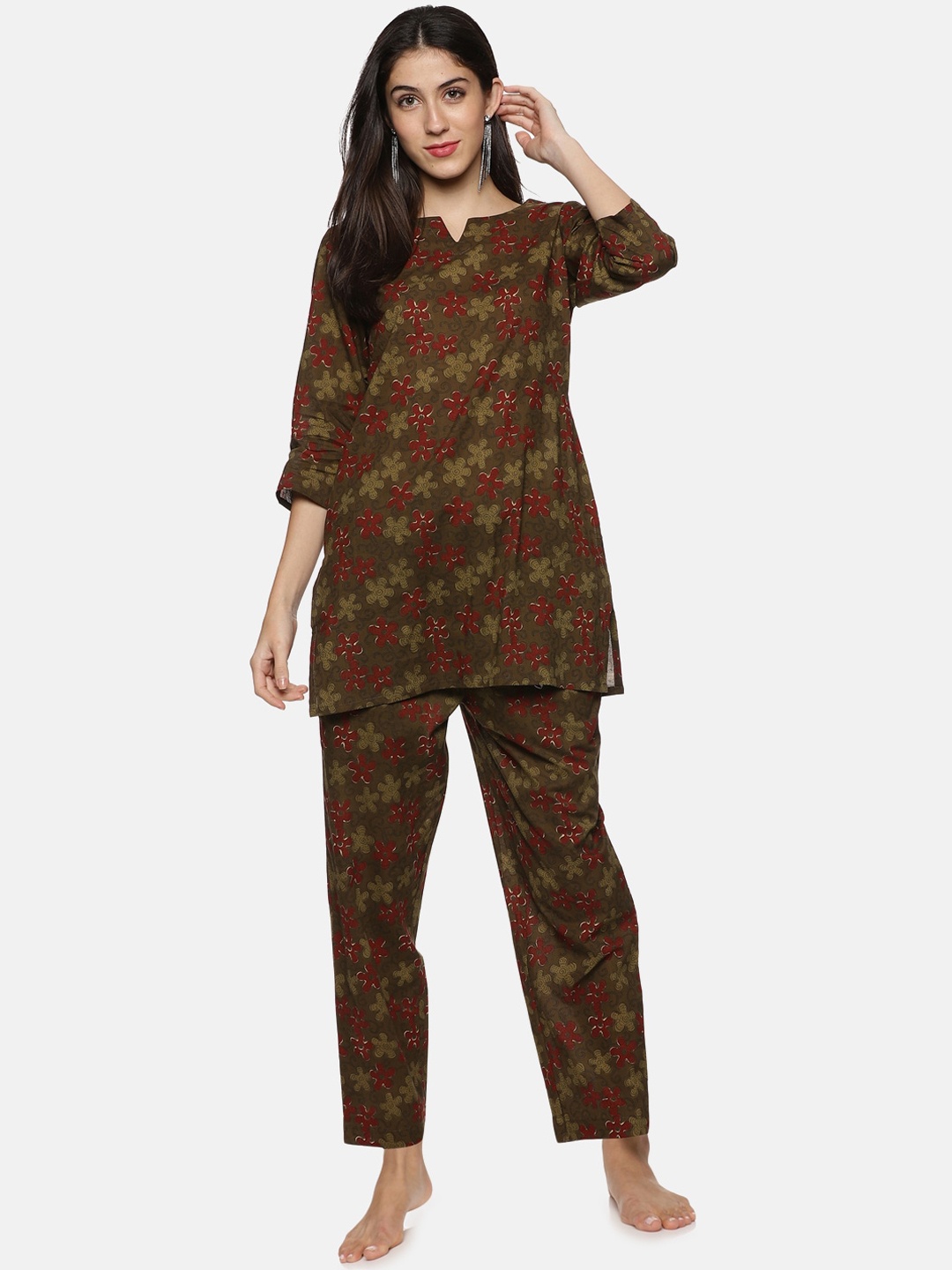 

Palakh Women Pure Cotton Printed Night suit, Green