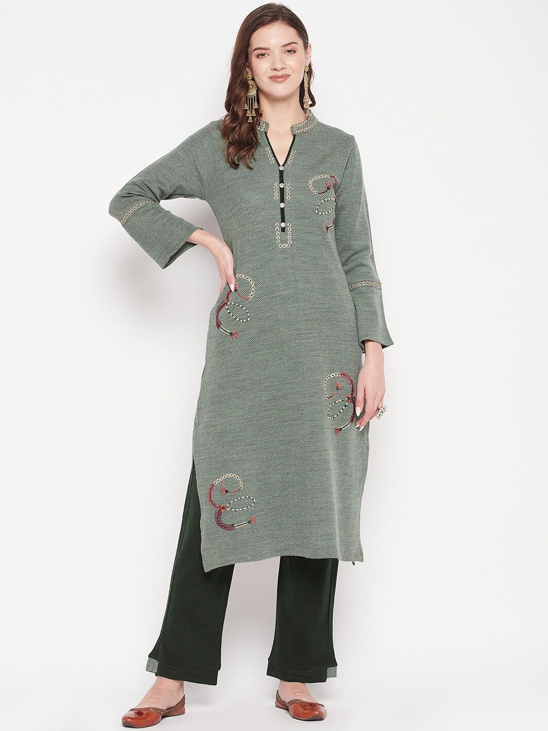 

Zigo Women Floral Embroidered Pure Wool Kurta with Palazzos, Olive