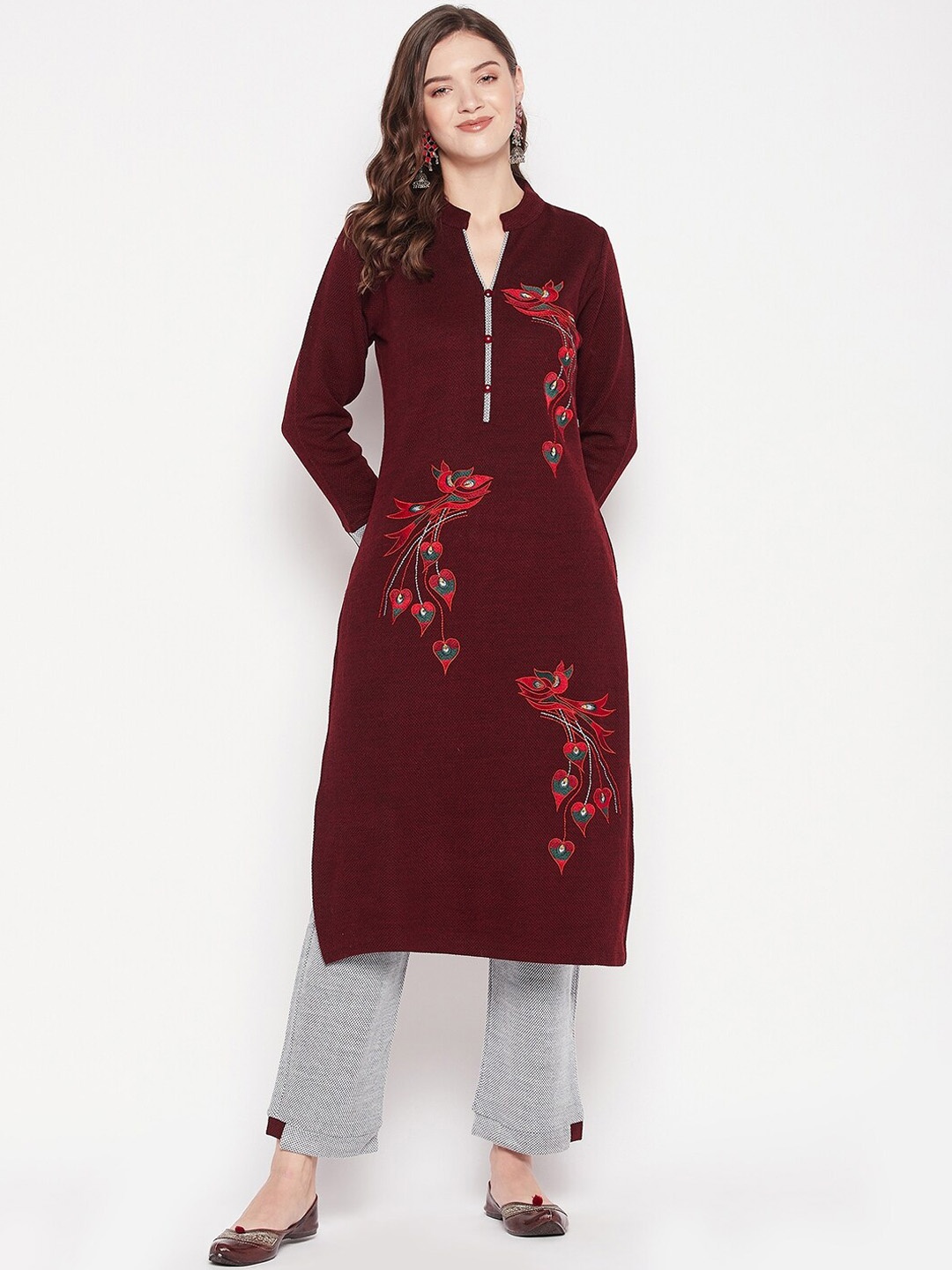 

Zigo Women Ethnic Motifs Embroidered Thread Work Pure Wool Kurta with Trousers, Maroon