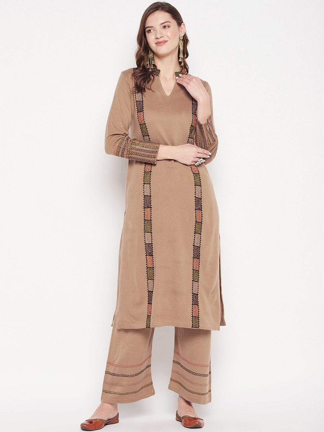 

Zigo Women Embroidered Thread Work Pure Wool Kurta with Palazzos, Camel brown