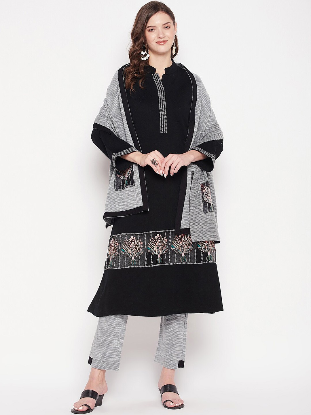 

Zigo Winter Wear Women Thread Work Pure Wool Kurta with Trousers & Dupatta, Black