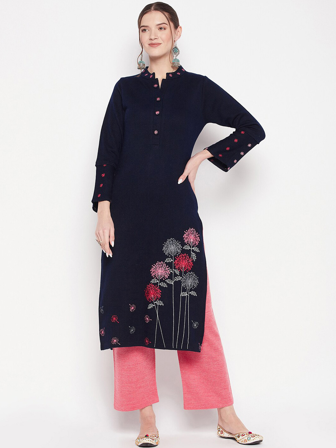 

Zigo Women Floral Embroidered Kurta with Palazzos, Navy blue