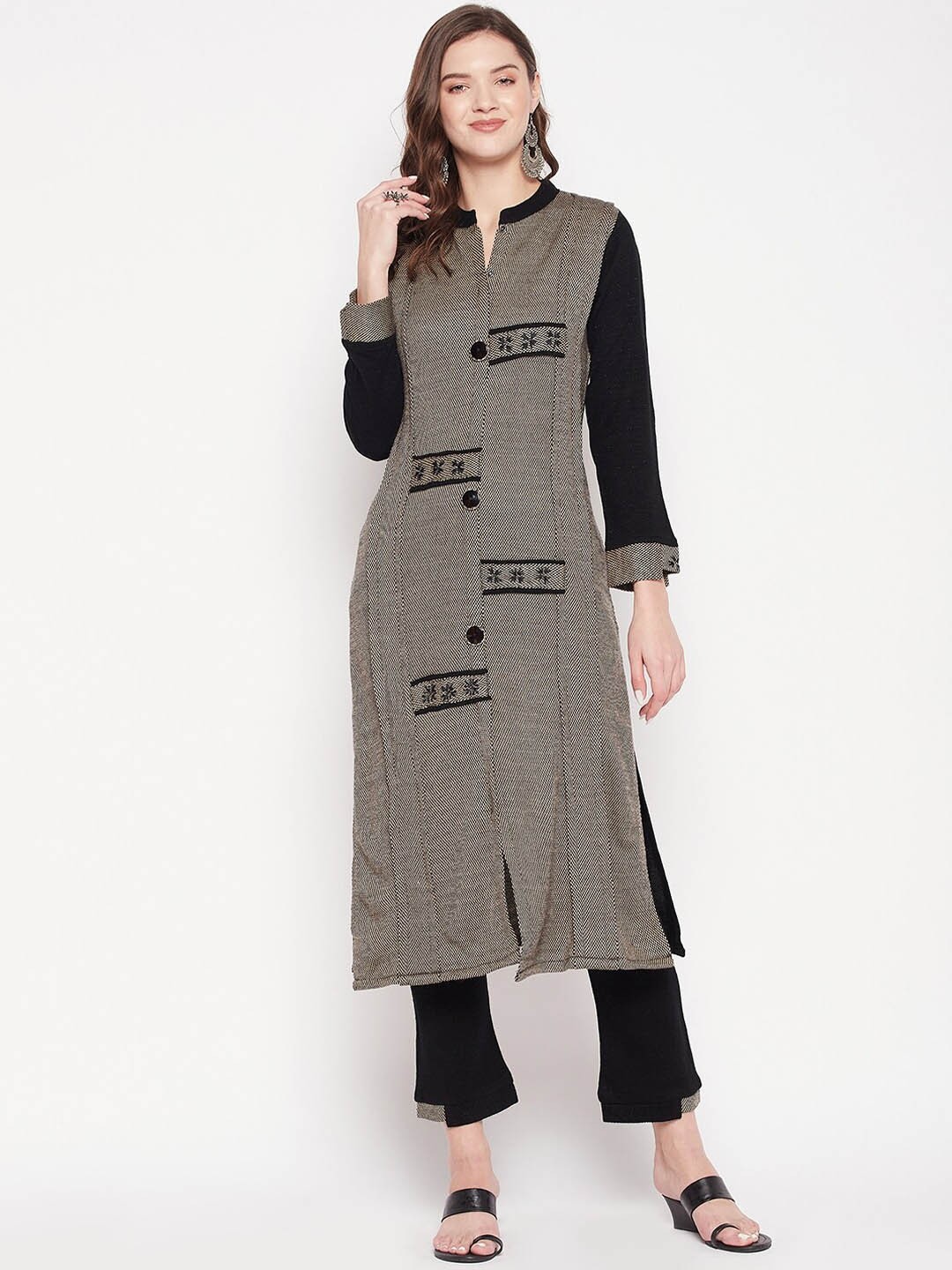 

Zigo Winter Wear Women Thread Work Pure Wool Kurta with Trousers, Black