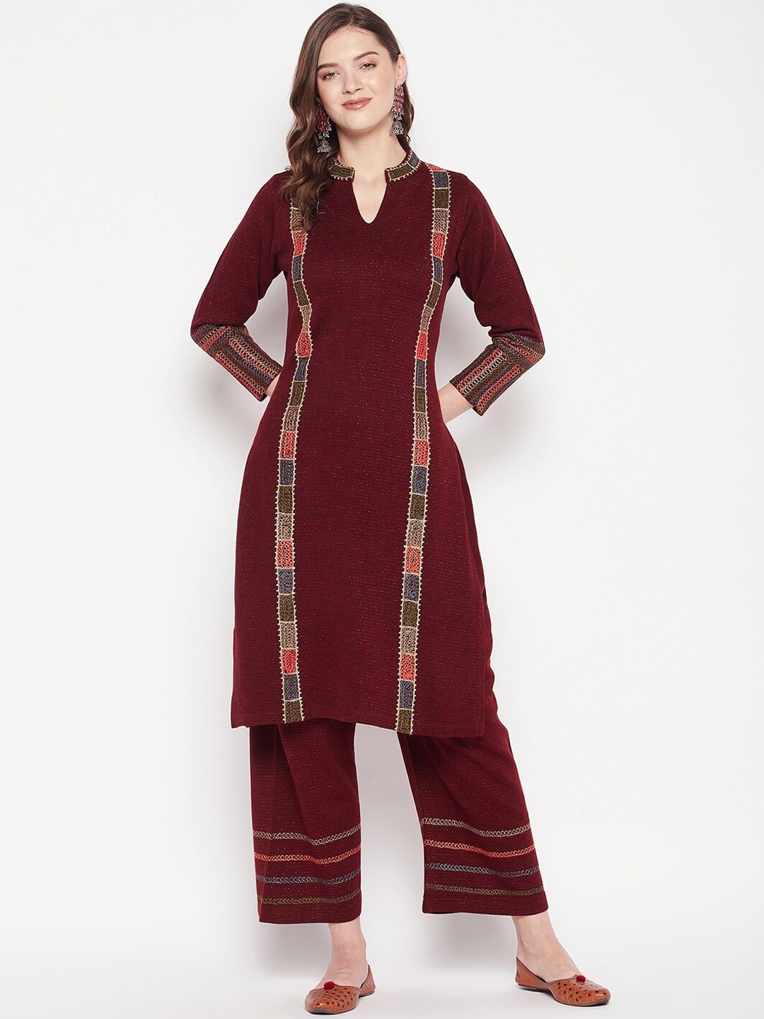 

Zigo Women Geometric Embroidered Panelled Pure Wool Kurta with Palazzos, Maroon