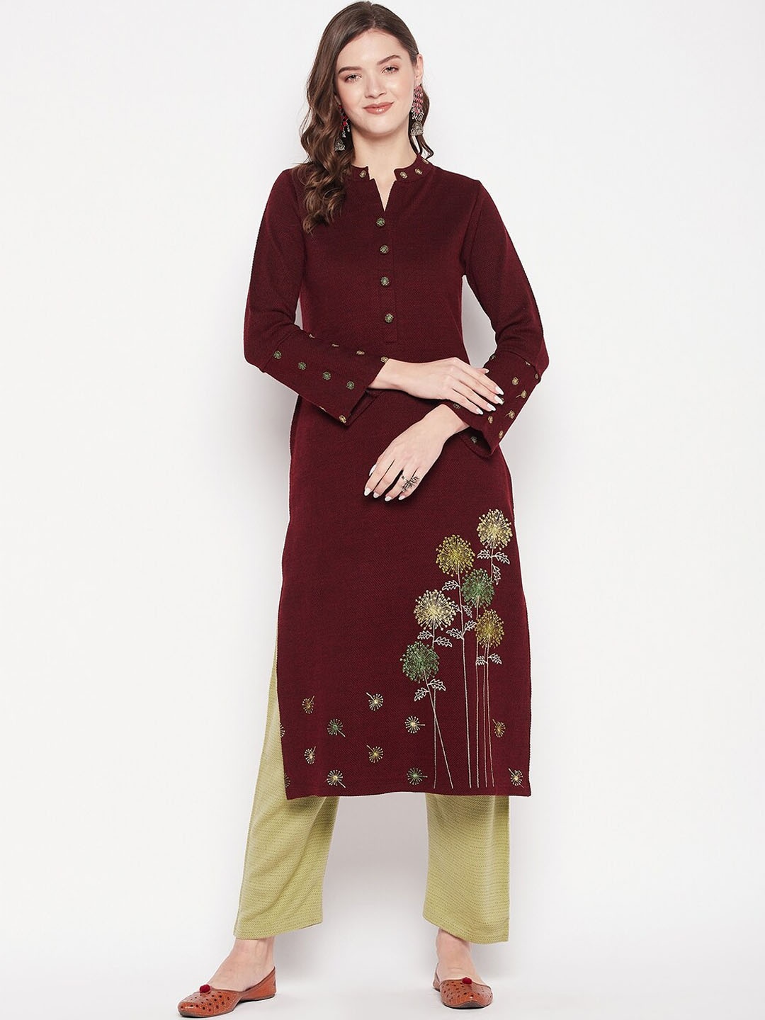 

Zigo Ethnic Motifs Embroidered Band Collar Kurta with Palazzos, Maroon