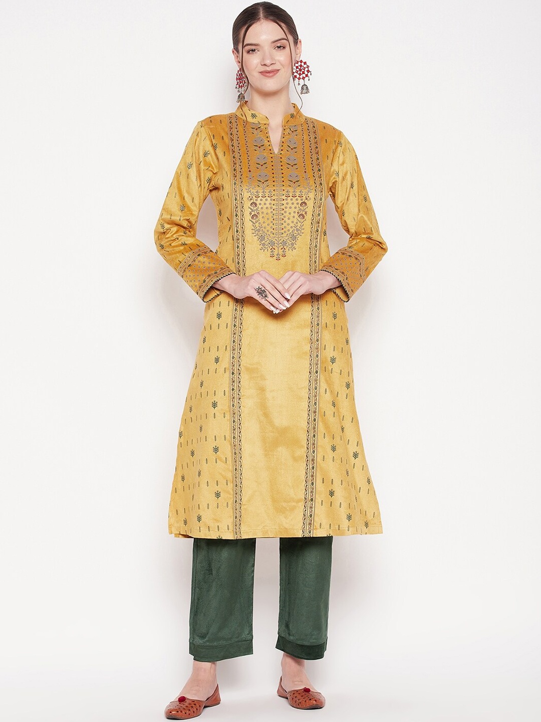 

Zigo Winter Wear Floral Printed Pure Wool Kurta with Palazzos, Mustard