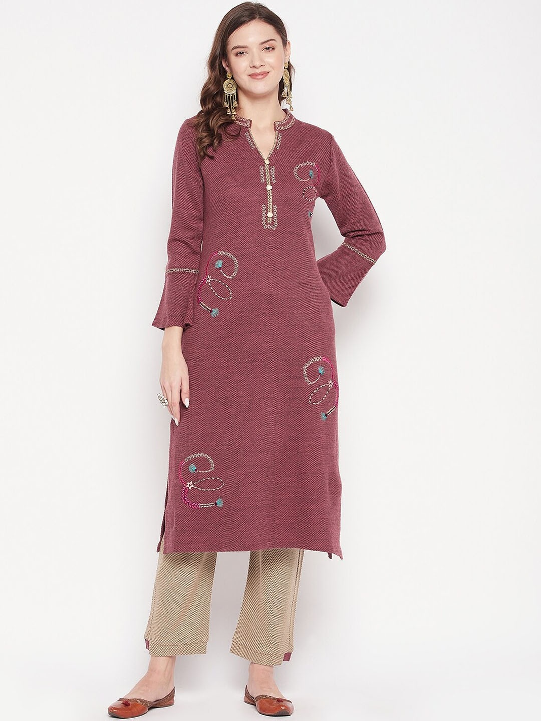 

Zigo Winter Wear Embroidered Band Collar Kurta with Palazzos, Mauve