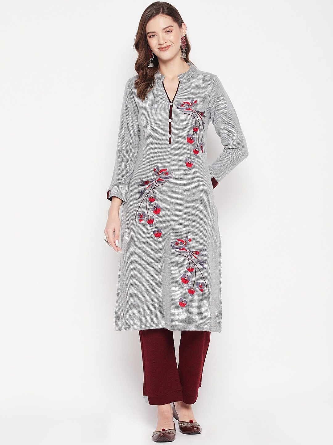 

Zigo Floral Embroidered Mandarin Collar Kurta with Palazzos, Grey