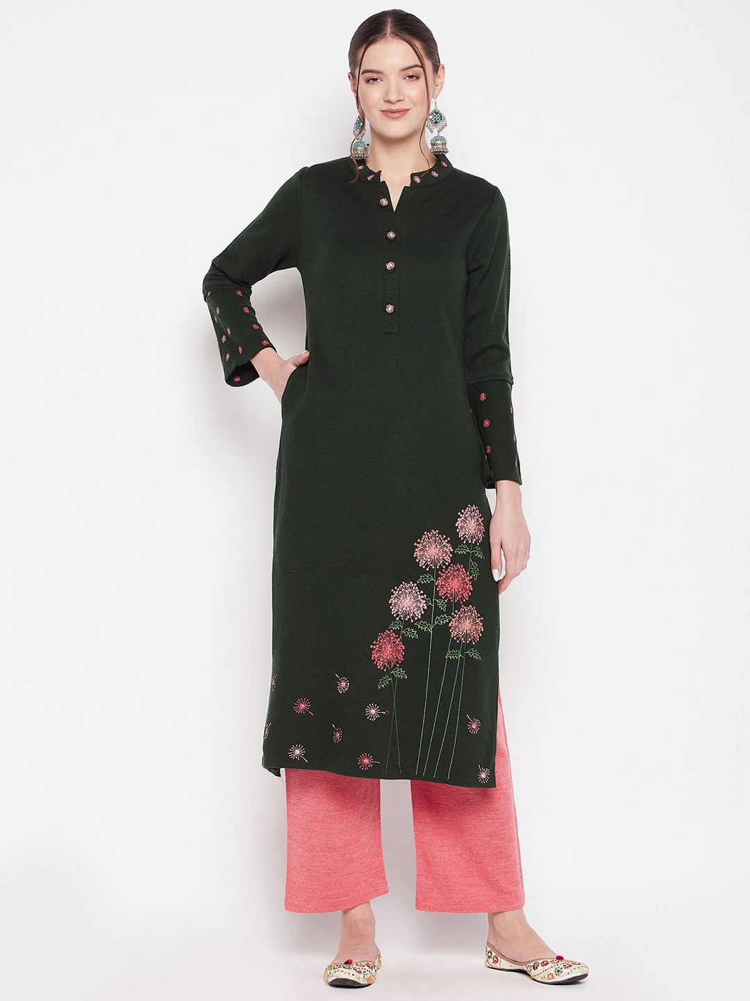 

Zigo Floral Embroidered Band Collar Kurta with Palazzos, Green