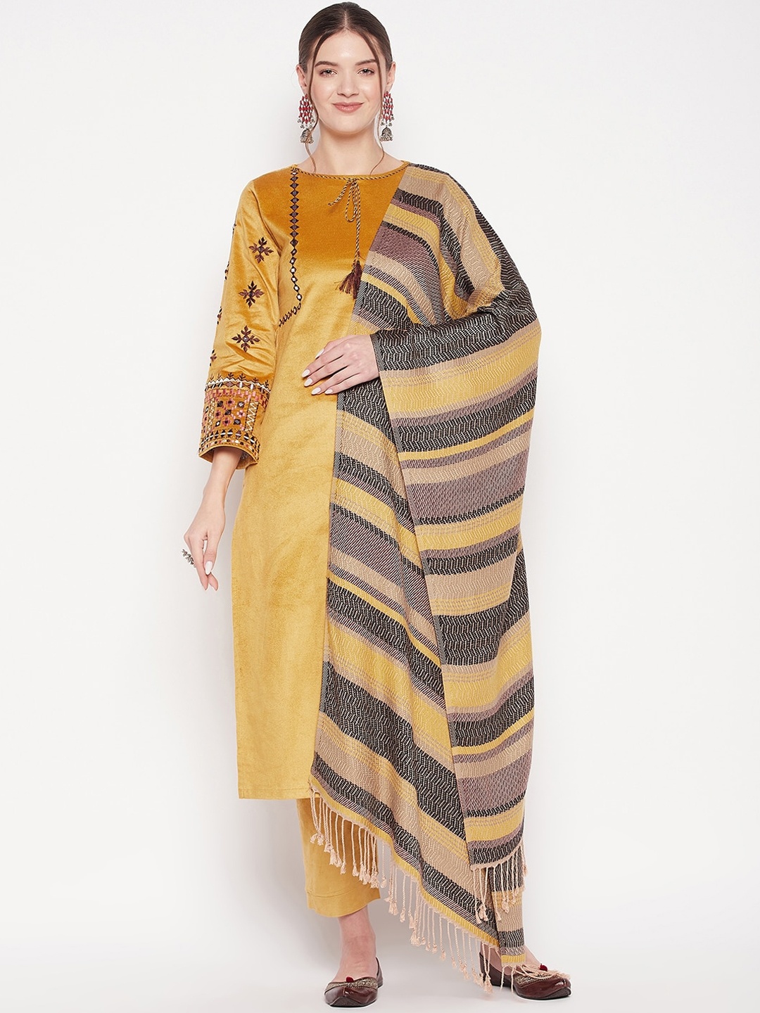 

Zigo Ethnic Motifs Embroidered Mirror Work Kurta with Palazzos & Dupatta, Mustard