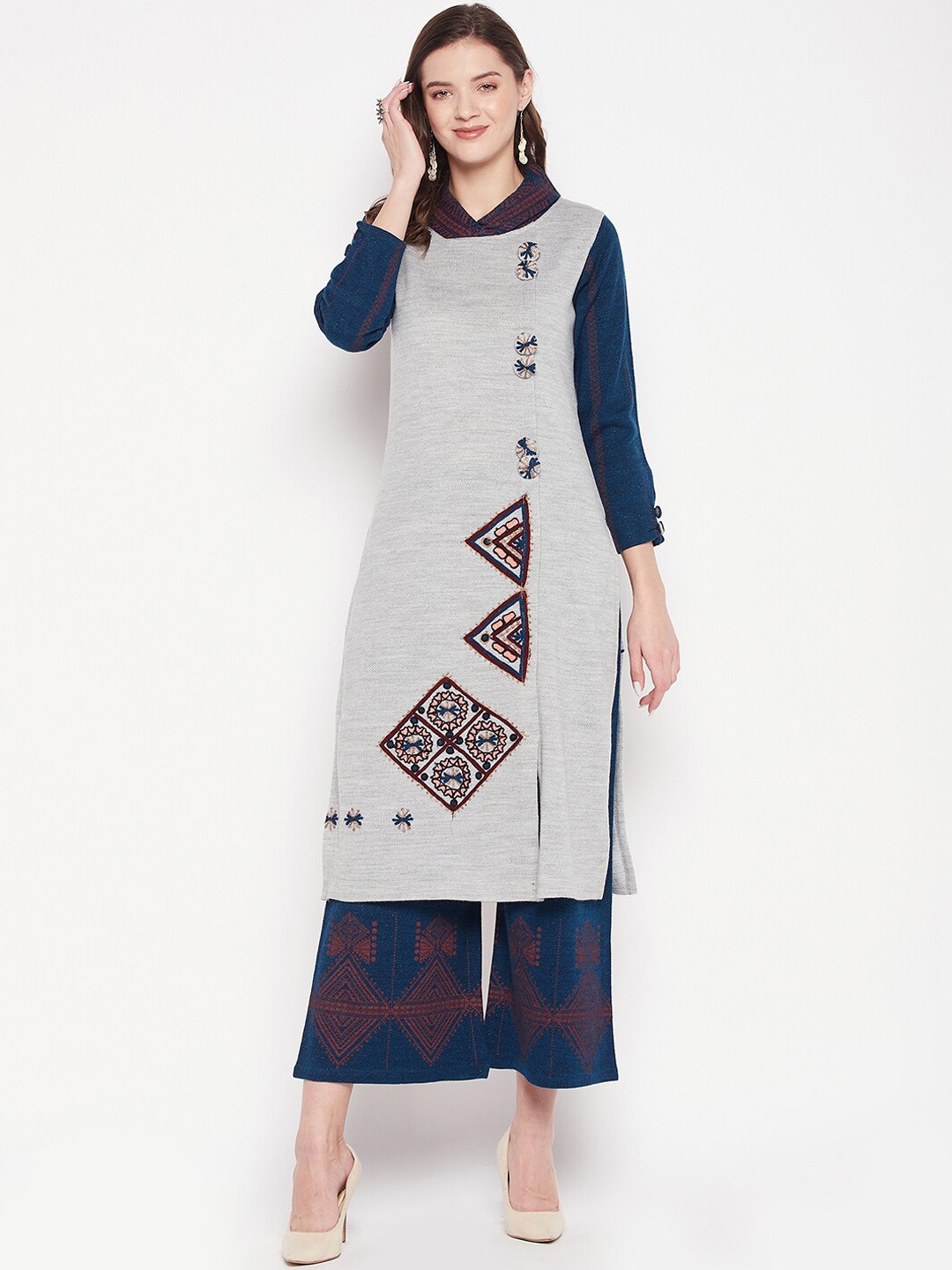

Zigo Ethnic Motifs Embroidered Pure Wool Kurta with Trousers, Grey