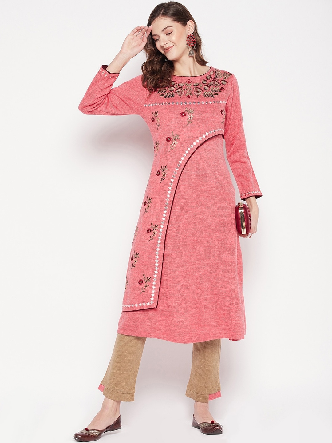 

Zigo Floral Embroidered Layered Kurta with Palazzos, Pink