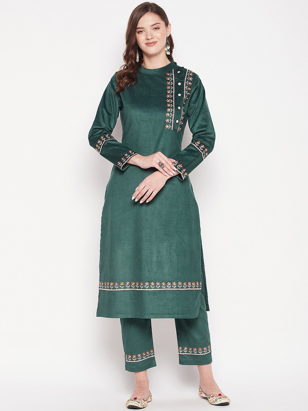 

Zigo Floral Embroidered Pure Wool Kurta with Palazzos, Green