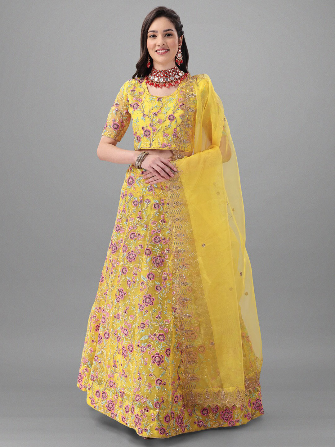 

Angroop Yellow & Pink Embroidered Thread Work Semi-Stitched Lehenga & Unstitched Blouse With Dupatta