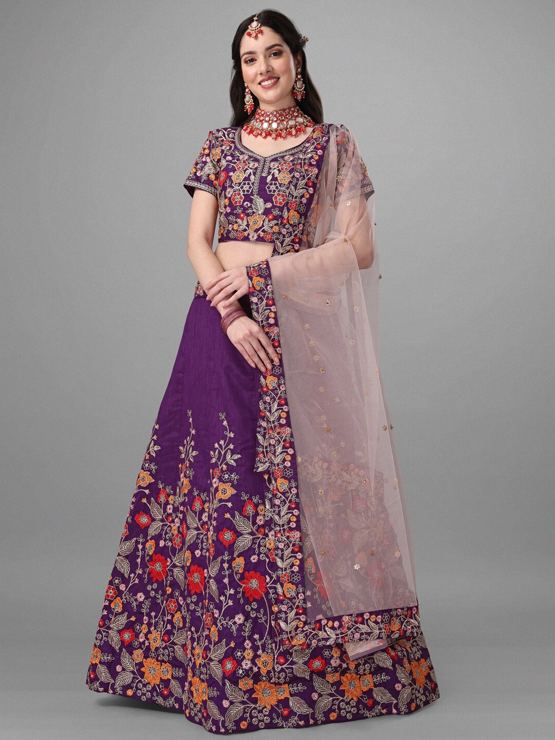 

Angroop Purple & Gold-Toned Embroidered Semi-Stitched Lehenga & Unstitched Blouse With Dupatta
