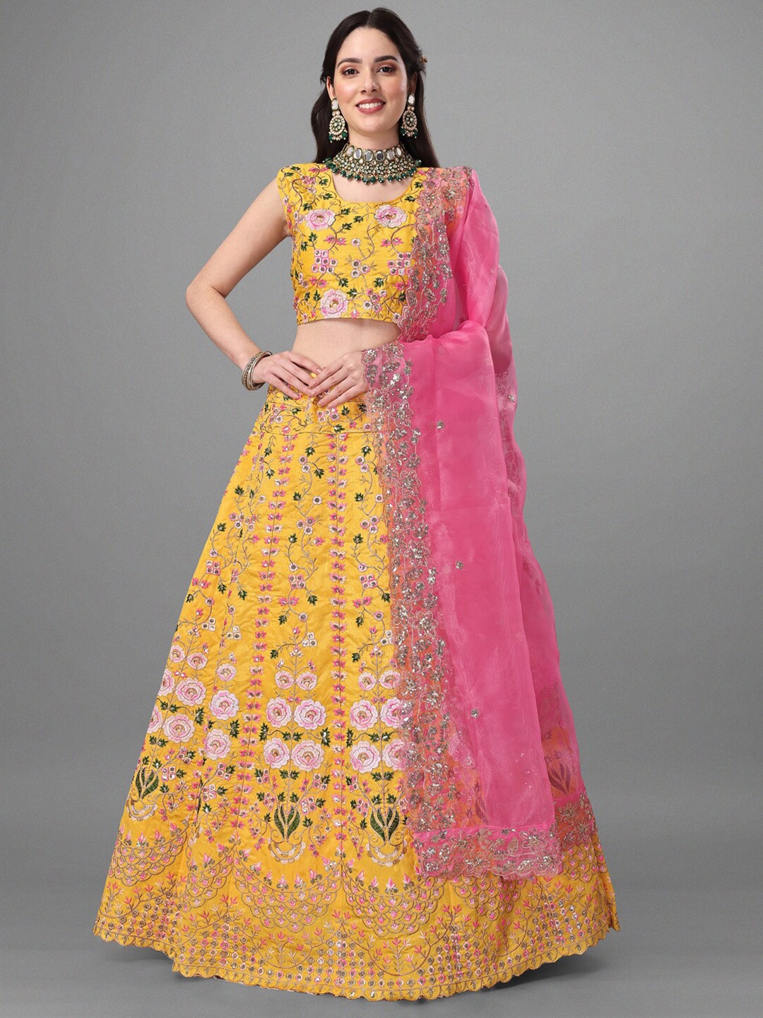 

Angroop Yellow & Pink Embroidered Thread Work Semi-Stitched Lehenga & Unstitched Blouse With Dupatta