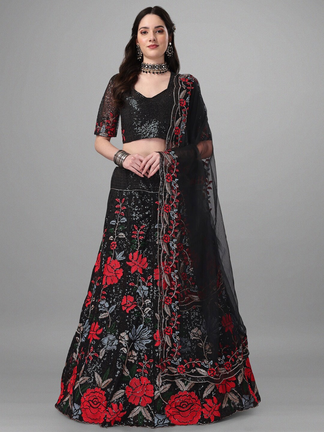 

Angroop Black & Red Embroidered Sequinned Semi-Stitched Lehenga & Unstitched Blouse With Dupatta