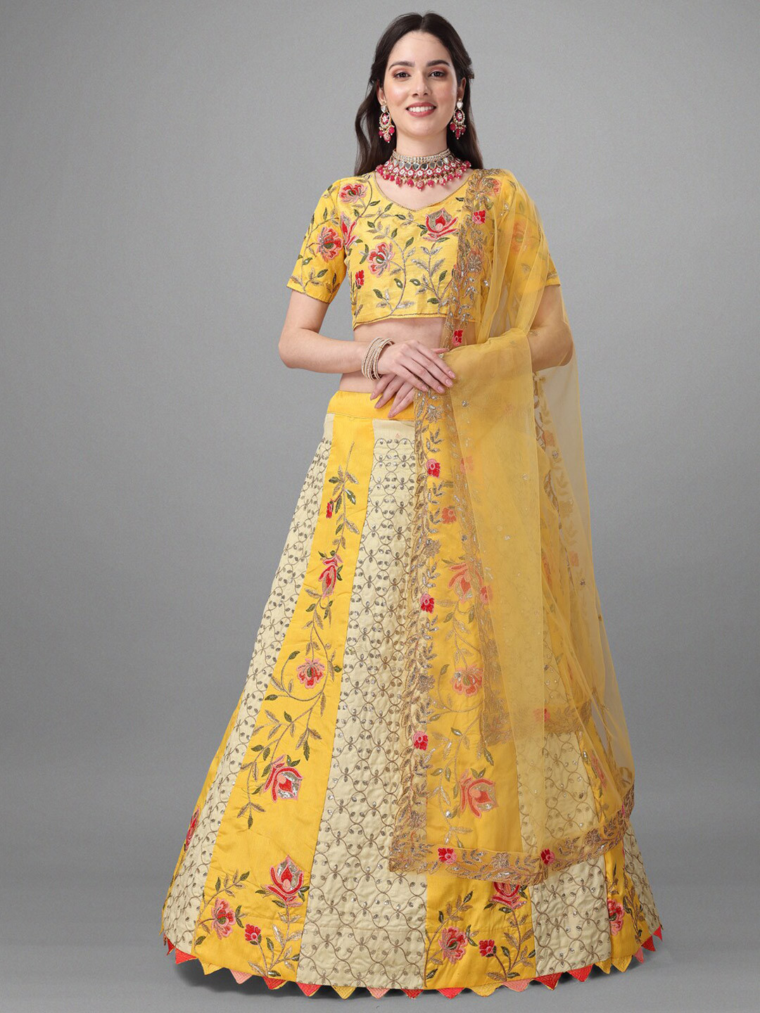 

Angroop Yellow & Green Embroidered Semi-Stitched Lehenga & Unstitched Blouse With Dupatta