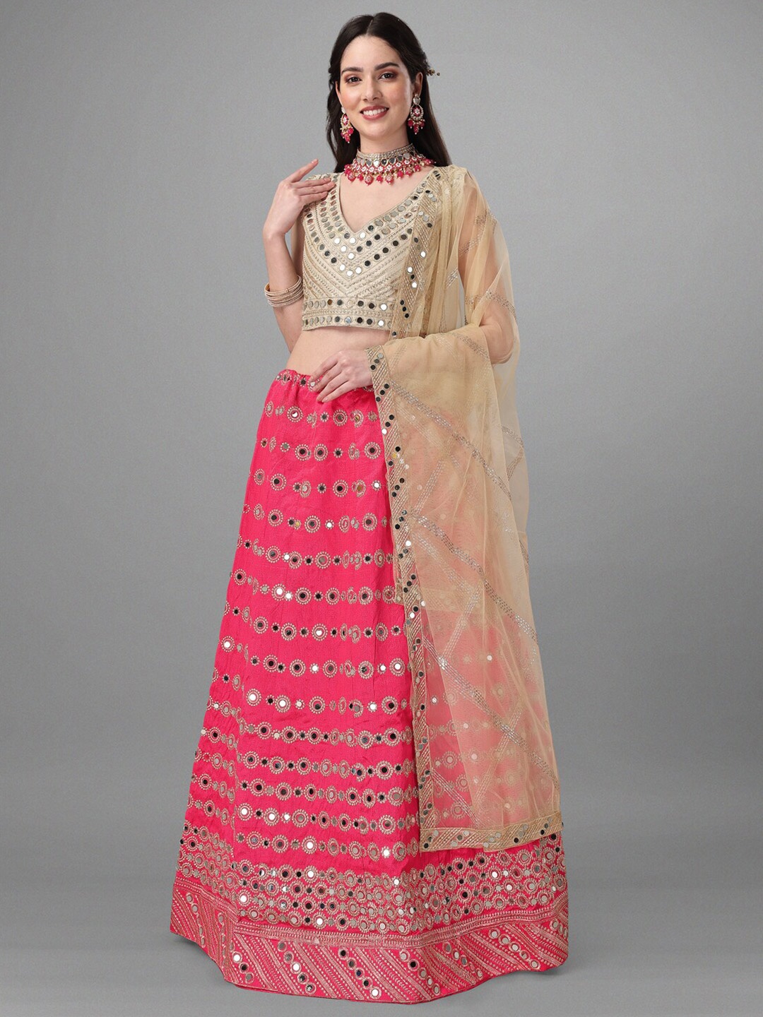 

Angroop Pink & Gold-Toned Embroidered Mirror Work Semi-Stitched Lehenga & Unstitched Blouse With Dupatta
