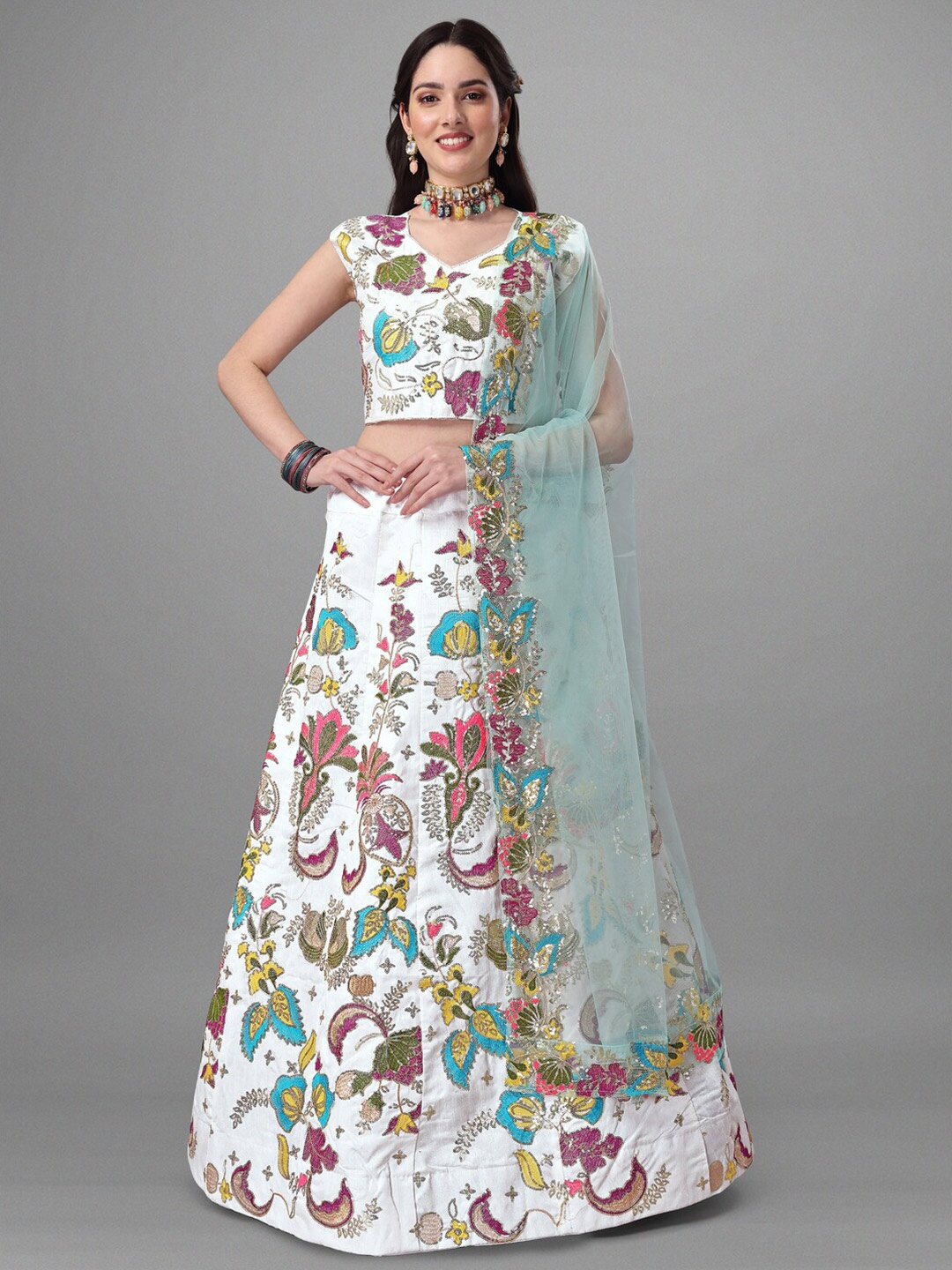 

Angroop White & Blue Embroidered Thread Work Semi-Stitched Lehenga & Unstitched Blouse With Dupatta