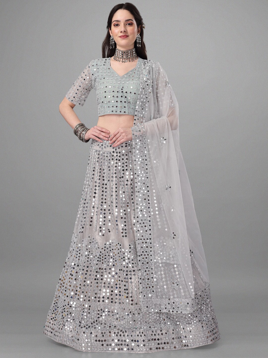 

Angroop Grey & Silver-Toned Embellished Mirror Work Semi-Stitched Lehenga & Unstitched Blouse With Dupatta