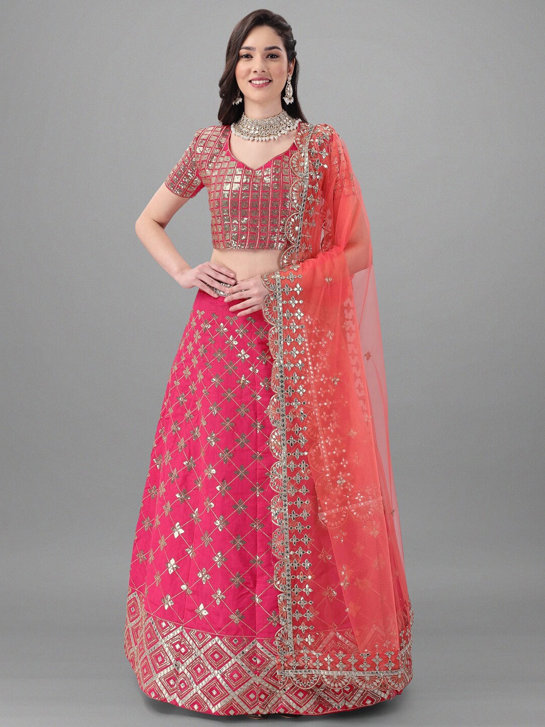 

Angroop Pink & Silver-Toned Embellished Sequinned Semi-Stitched Lehenga & Unstitched Blouse With Dupatta