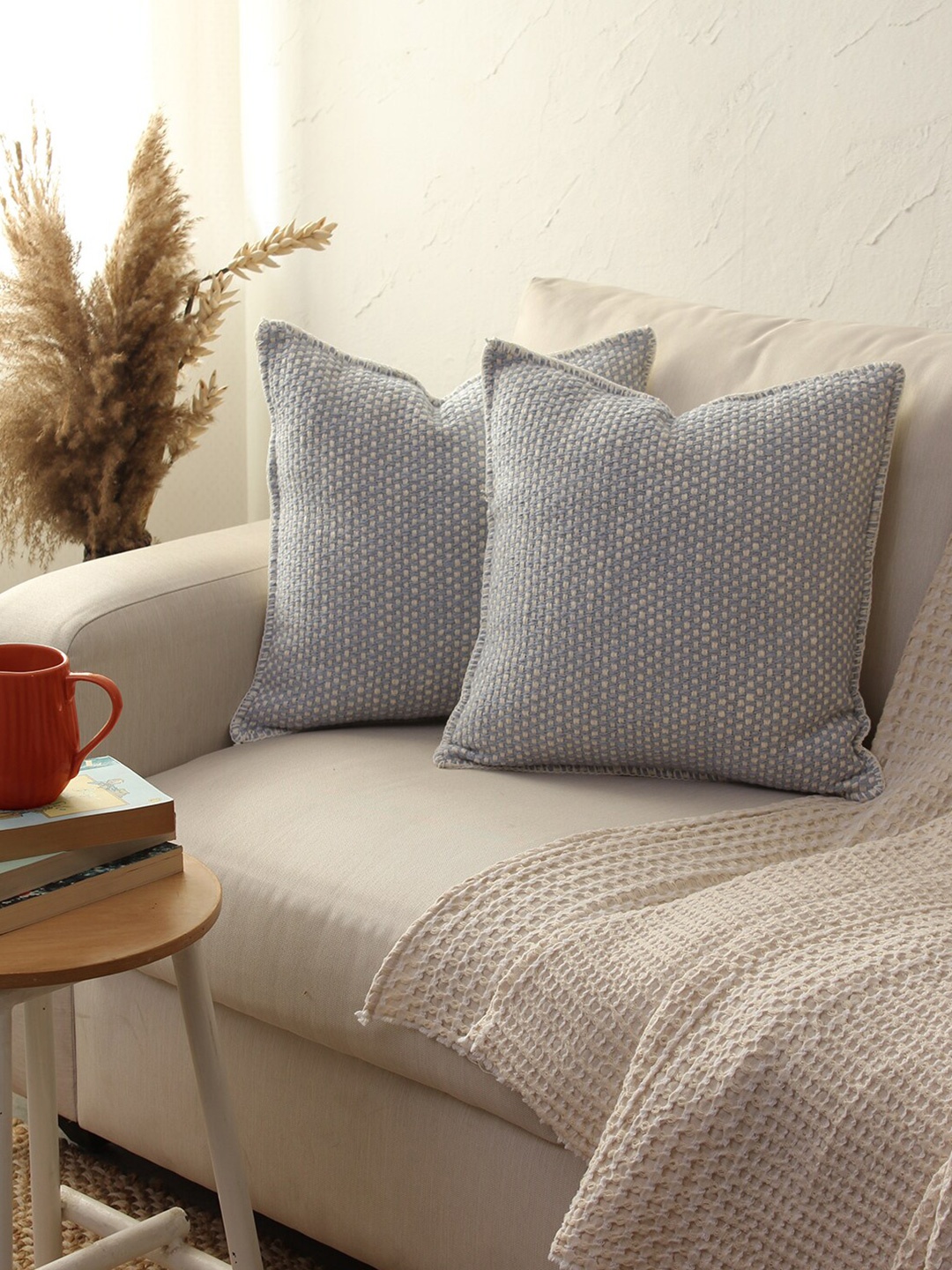 

House Vindhya This Blue & White Set of 2 Self Design Cotton Square Cushion Covers