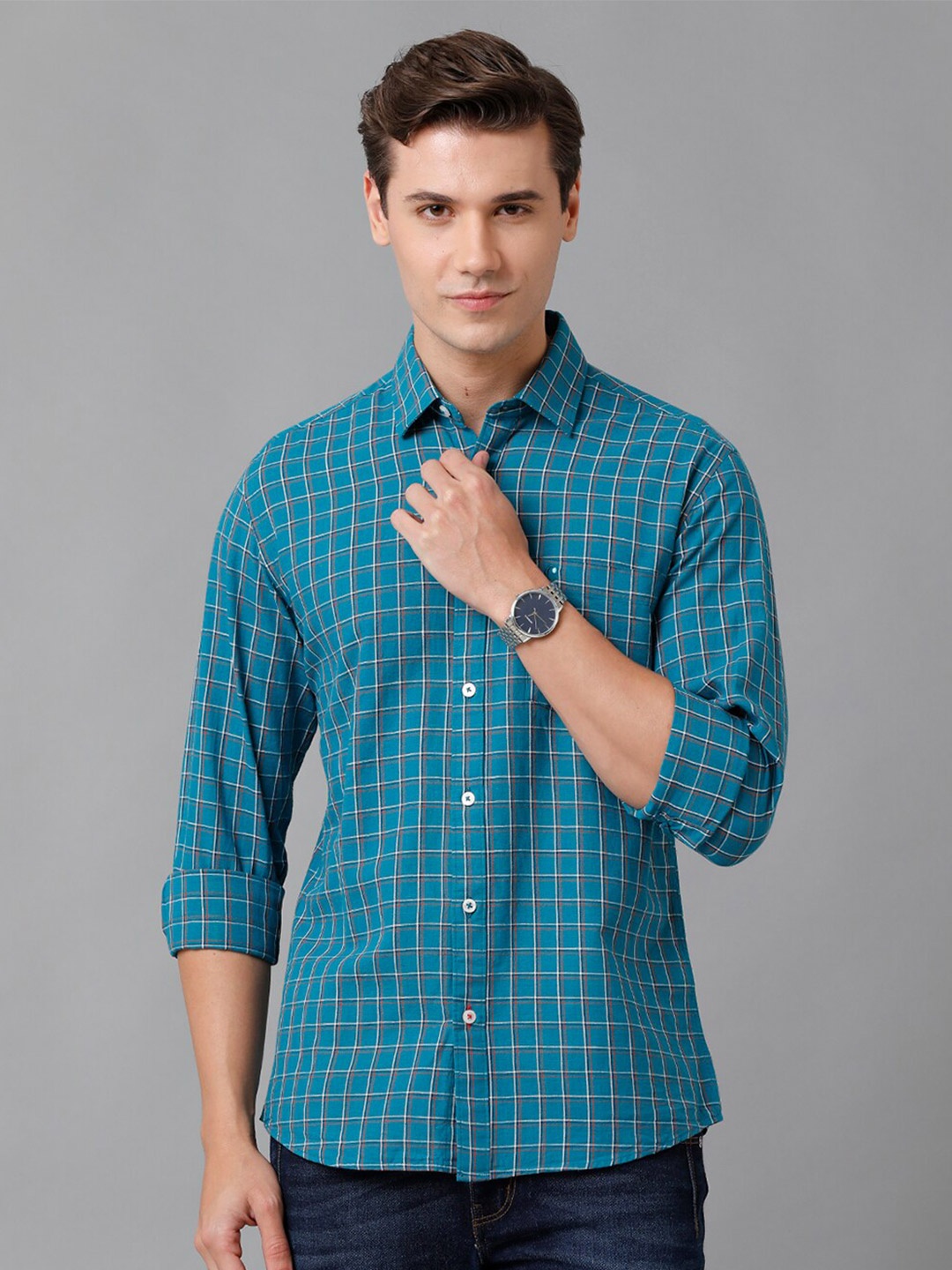 

CAVALLO by Linen Club Men Turquoise Blue Checked Casual Shirt