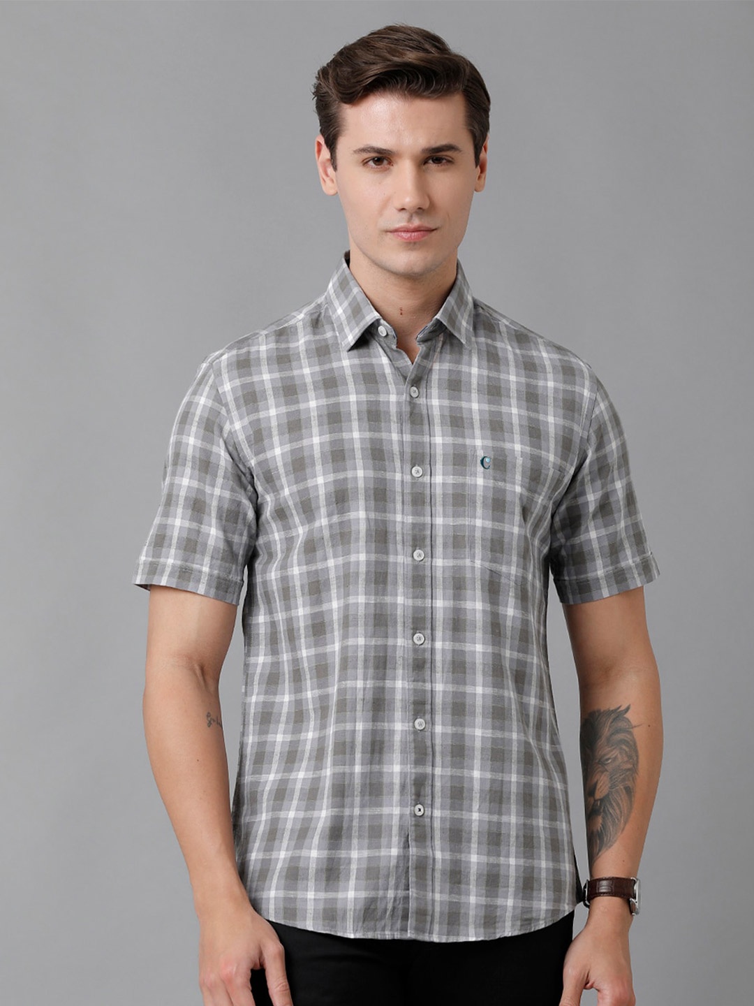 

CAVALLO by Linen Club Men Tartan Checks Casual Shirt, Grey