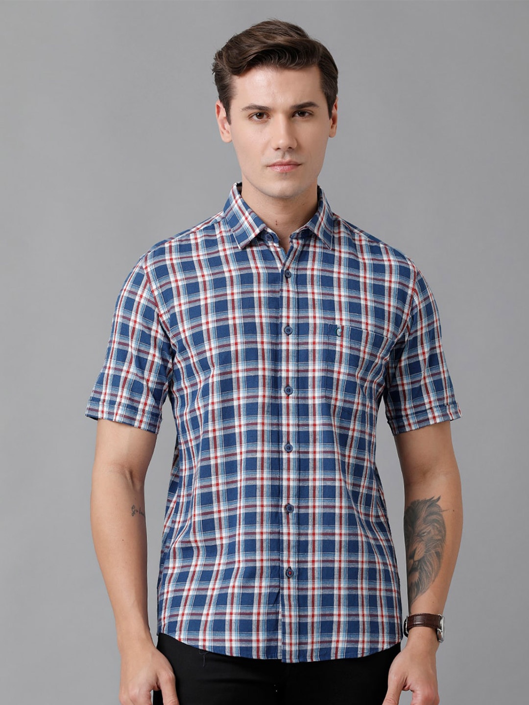 

CAVALLO by Linen Club Men Tartan Check Linen Casual Shirt, Blue