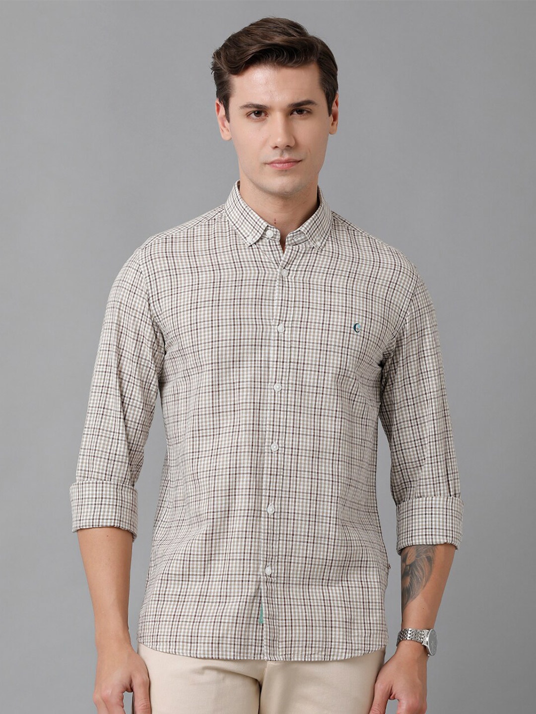 

CAVALLO by Linen Club Men Checked Casual Linen Shirt, Brown